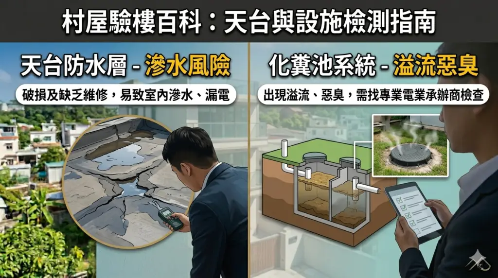 村屋驗樓 Checklist 2026|天台防水、外牆裂縫、化糞池、水電負荷買前點睇 3 Checklist2