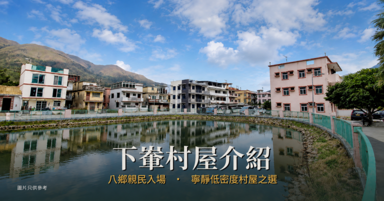 元朗八鄉下輋村村屋與村中水塘景觀,背靠山巒,低密度寧靜社區。