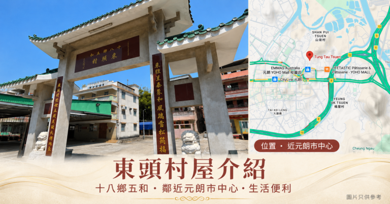 元朗十八鄉東頭村牌坊及近元朗市中心位置地圖,屬十八鄉五和,生活便利。