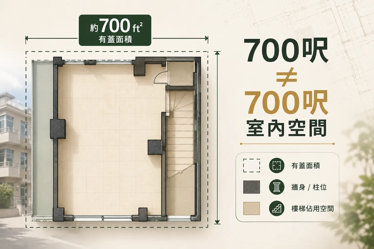 香港村屋每層700呎建築面積平面圖及牆身樓梯佔用示意